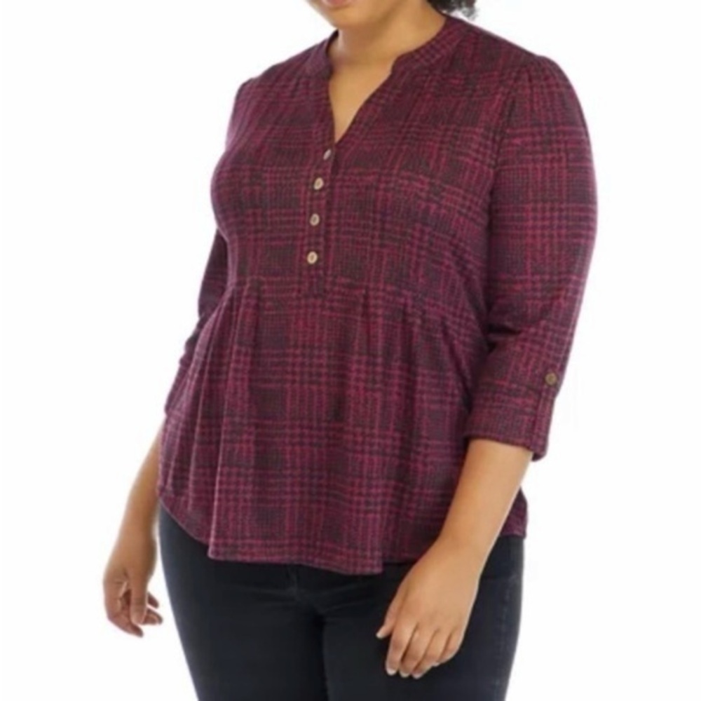 New Directions Burgundy Plaid Houndstooth Knit Roll-tab Top NWT 1X